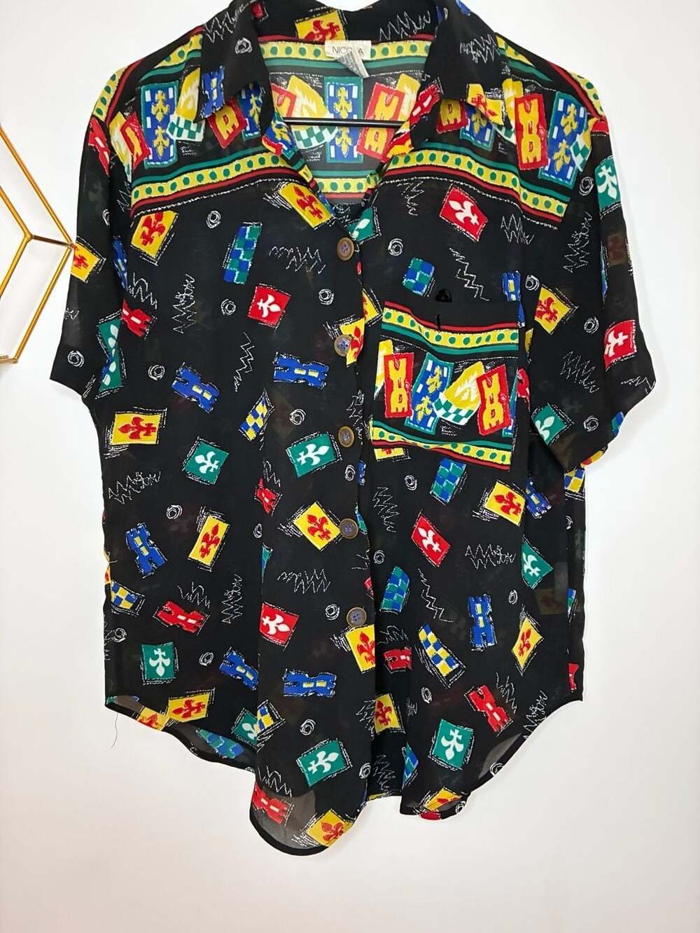 Vintage Nicola Black Geometric Abstract Print Short Sleeve Button-Up Shirt Mediu